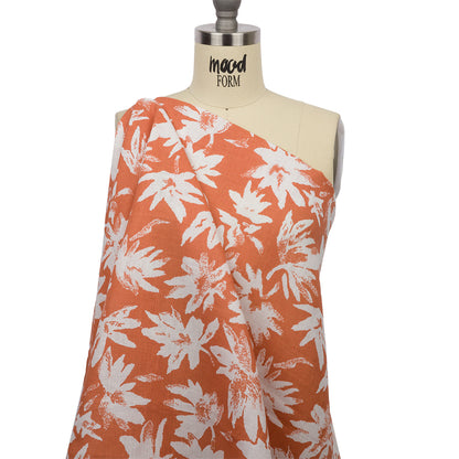 Deep Coral and White Leaf Impressions Lightweight Linen Woven