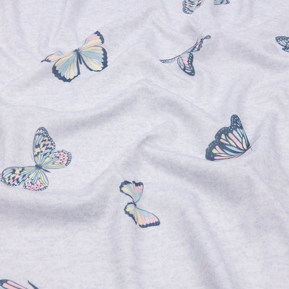 Heathered Gray, Pink and Blue Butterflies Recycled Polyester Interlock Knit
