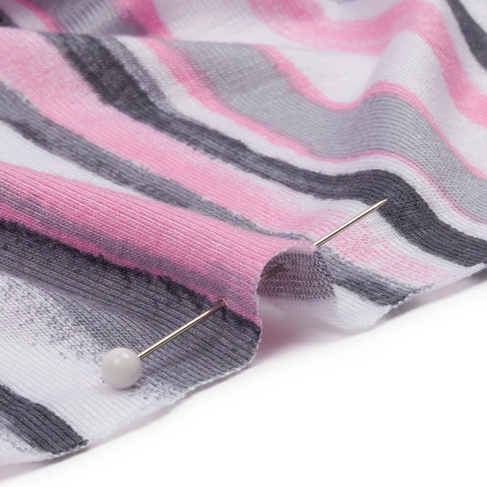 Pink, Gray and White Painterly Stripes Stretch Rayon Jersey Detail