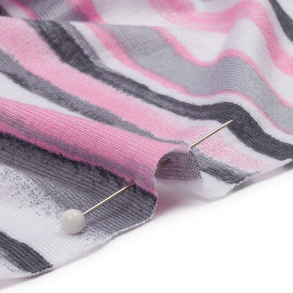 Pink, Gray and White Painterly Stripes Stretch Rayon Jersey Detail