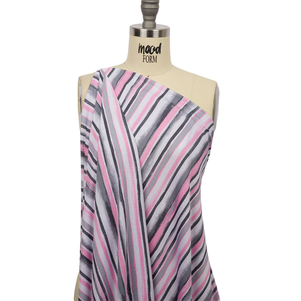Pink, Gray and White Painterly Stripes Stretch Rayon Jersey Drape