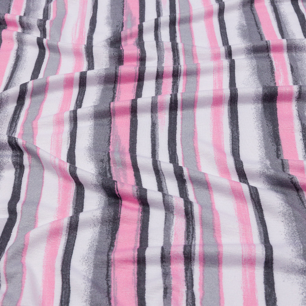 Pink, Gray and White Painterly Stripes Stretch Rayon Jersey