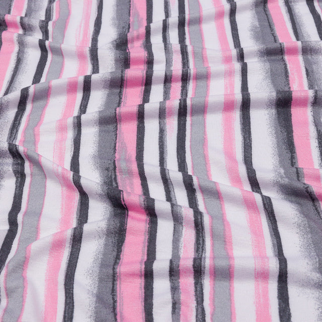 Pink, Gray and White Painterly Stripes Stretch Rayon Jersey