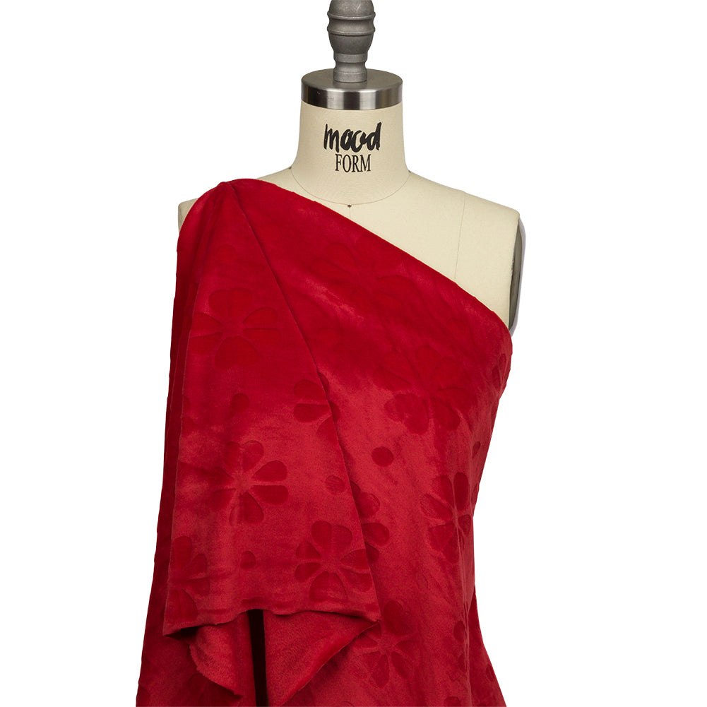 Red Floral Embossed Stretch Polyester Minky Drape