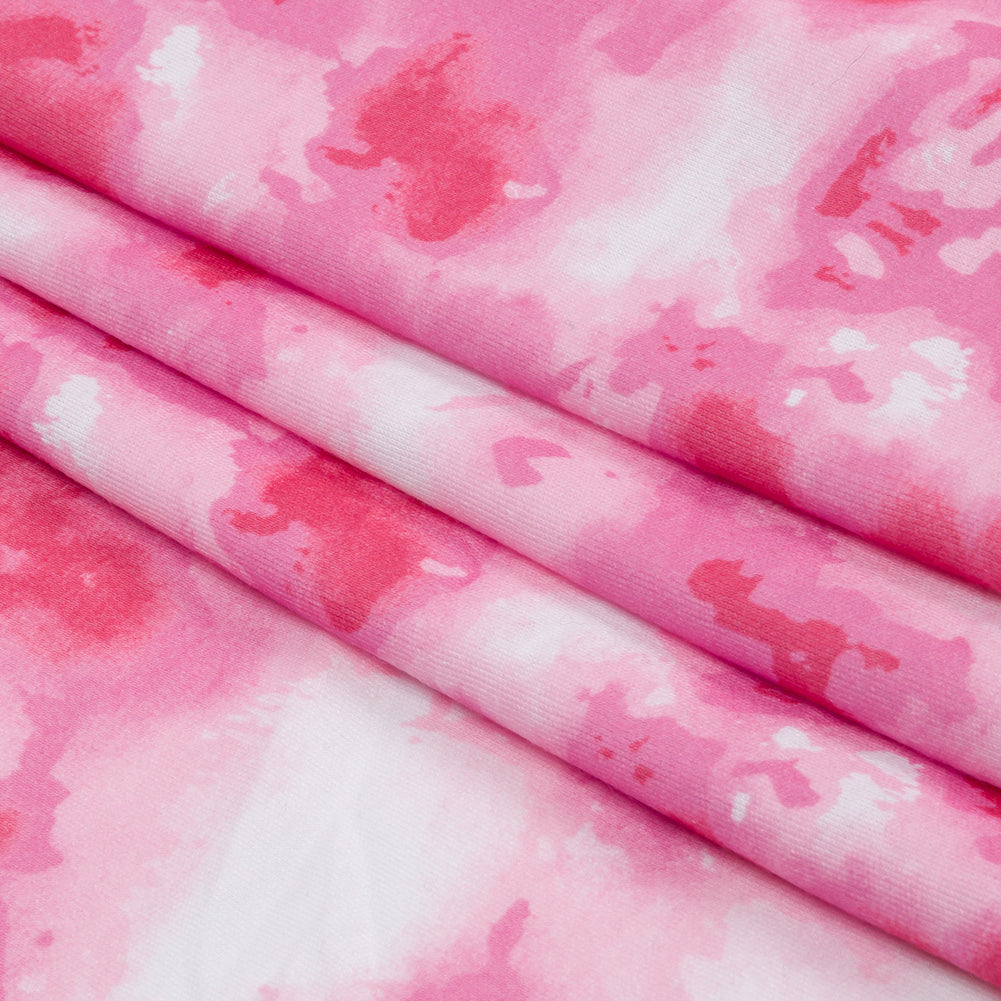 Red, Pink and White Tie Dye Recycled Polyester Interlock Knit Folded