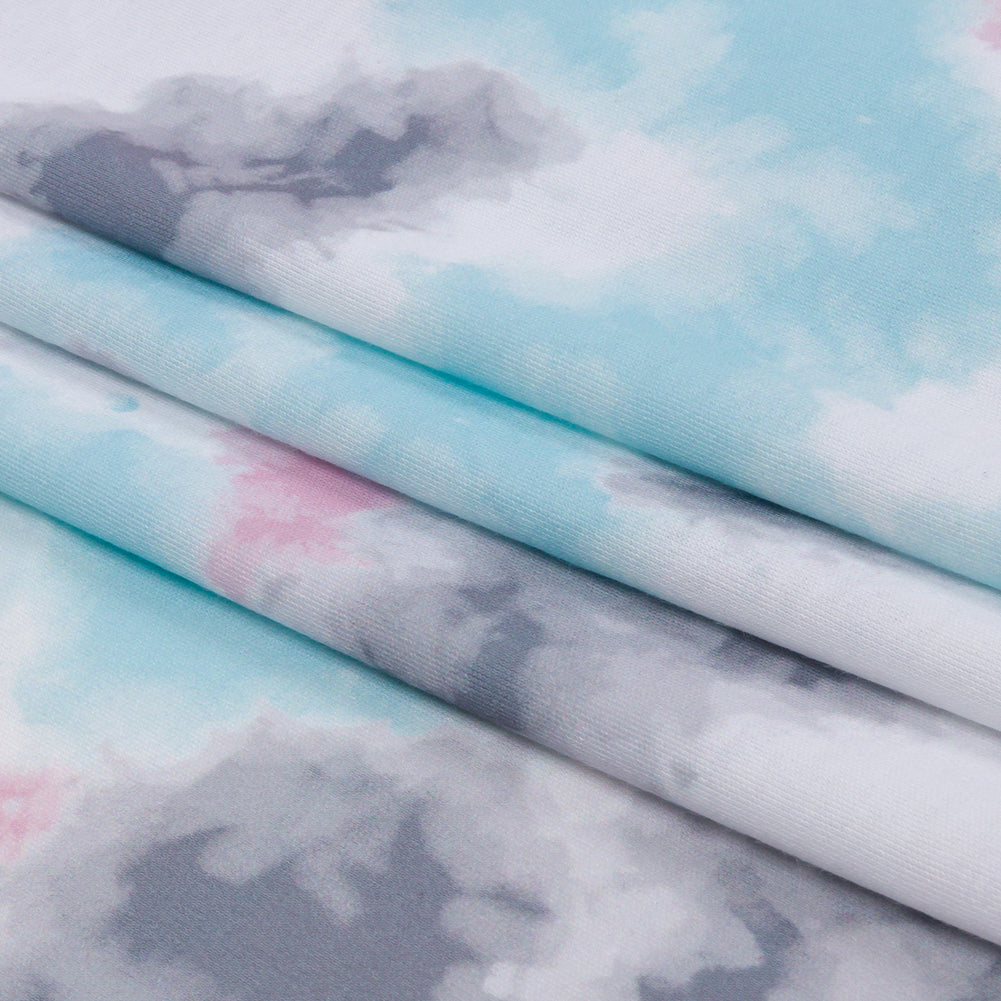 Pink, Gray and Blue Tie Dye Recycled Polyester Interlock Knit Folded