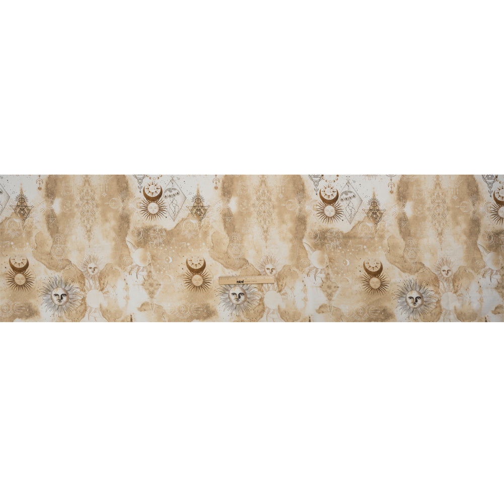 Beige and Brown Arcane Symbols Lightweight Linen Woven Drape