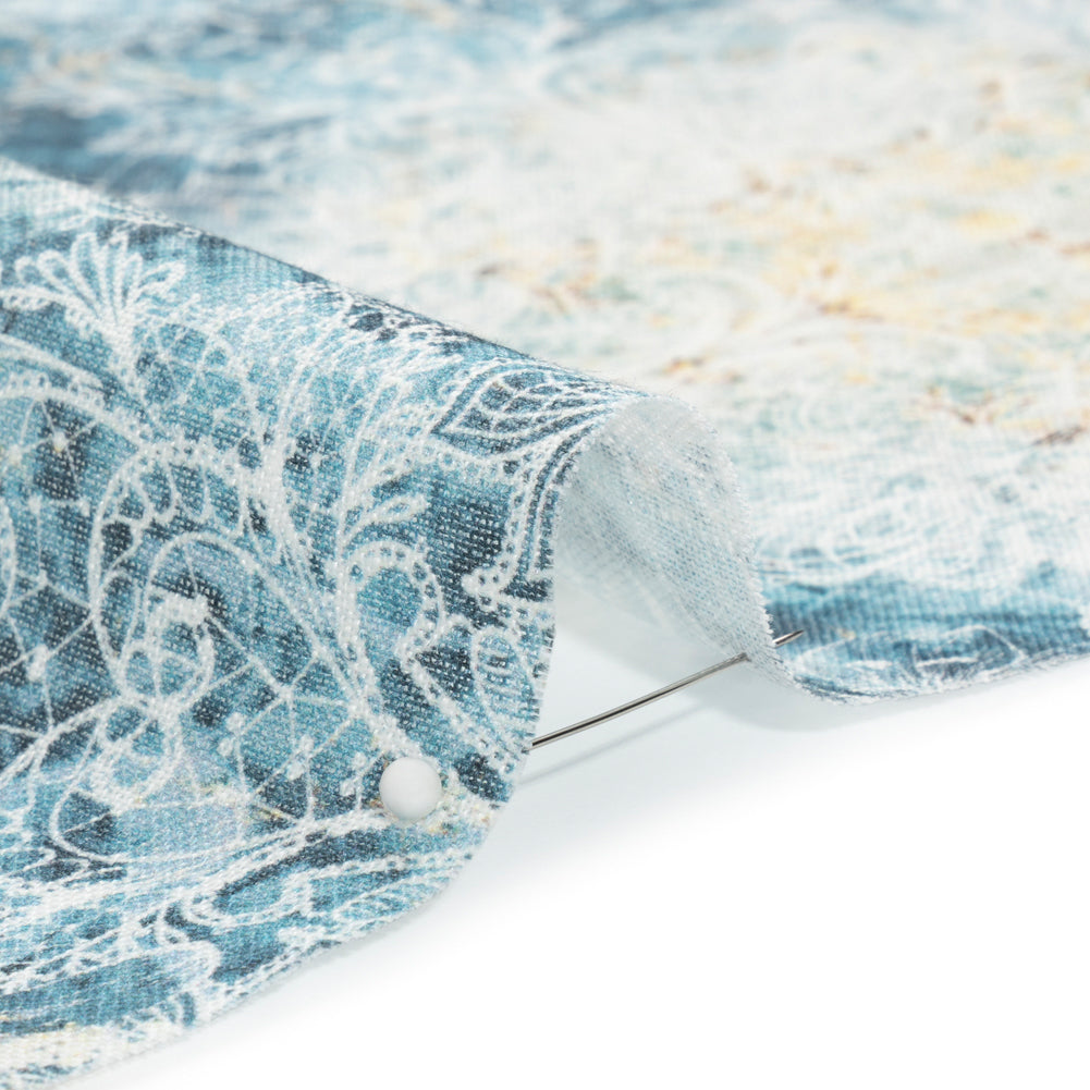 Blue and Beige Floral Lace Printed Lightweight Linen Woven - Detail