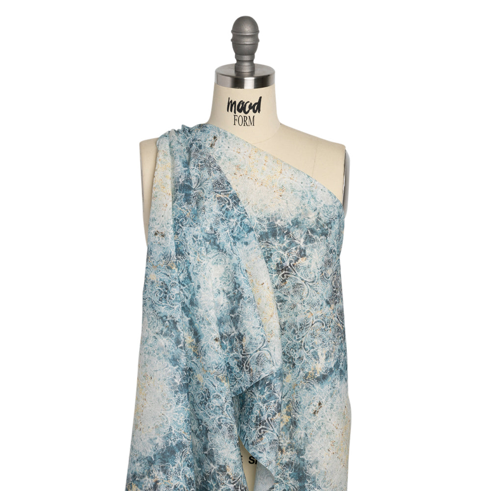 Blue and Beige Floral Lace Printed Lightweight Linen Woven - Drape