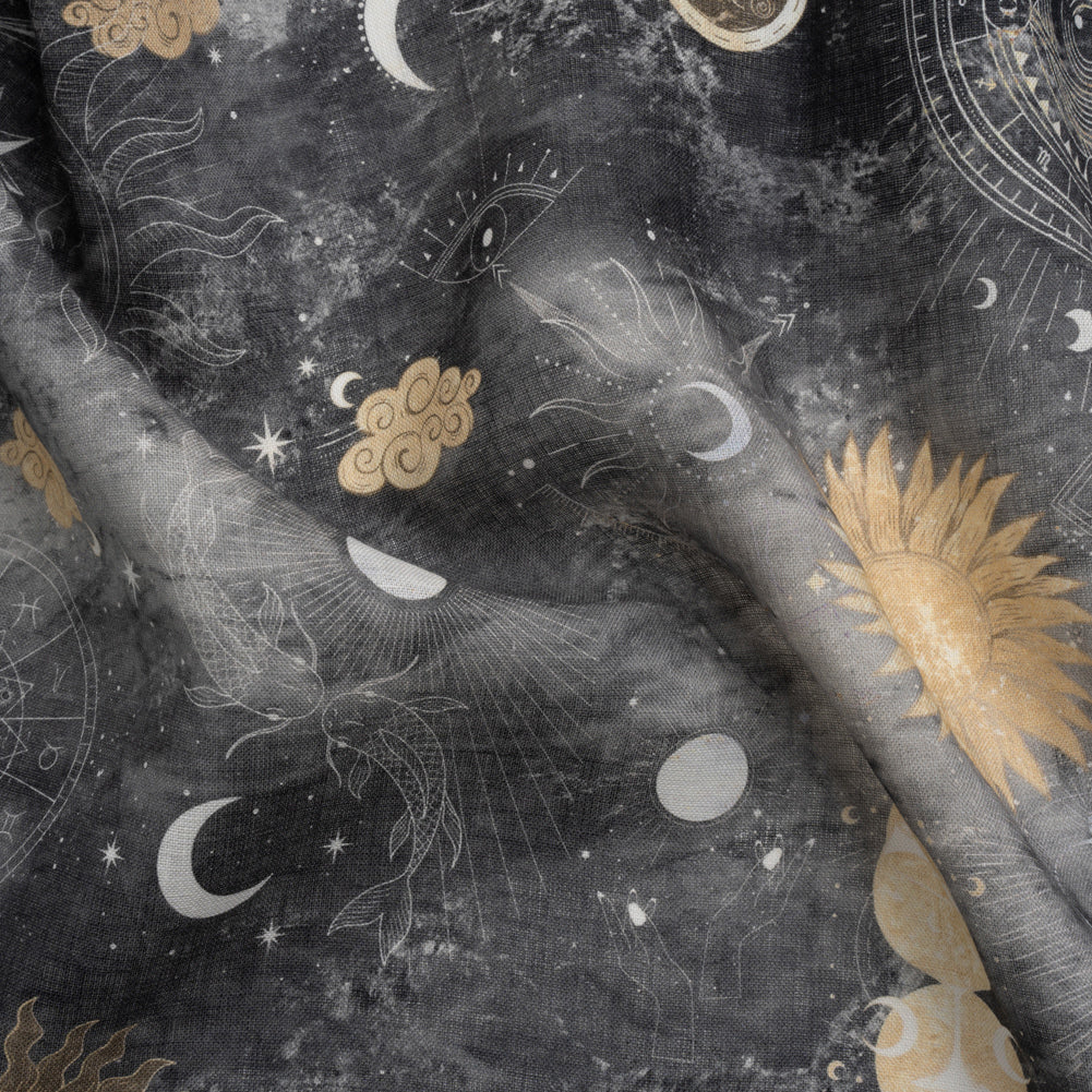 Black and Gold Astrological Intrigue Lightweight Linen Woven