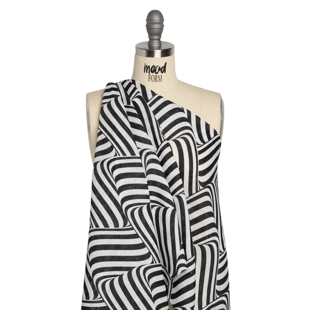 Black and White Swirling Stripes Lightweight Linen Woven - Drape