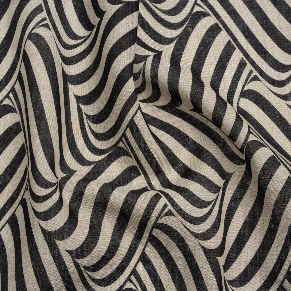 Black and Beige Swirling Stripes Lightweight Linen Woven