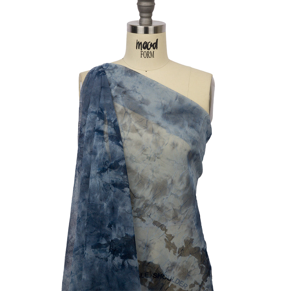 Indigo Tie Dye Crinkled Polyester Stretch Tulle Drape