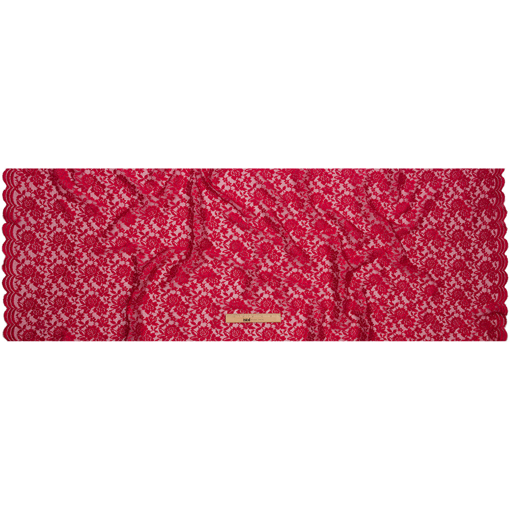 Red Floral Pleated Embroidered Lace with Scalloped Edges Full