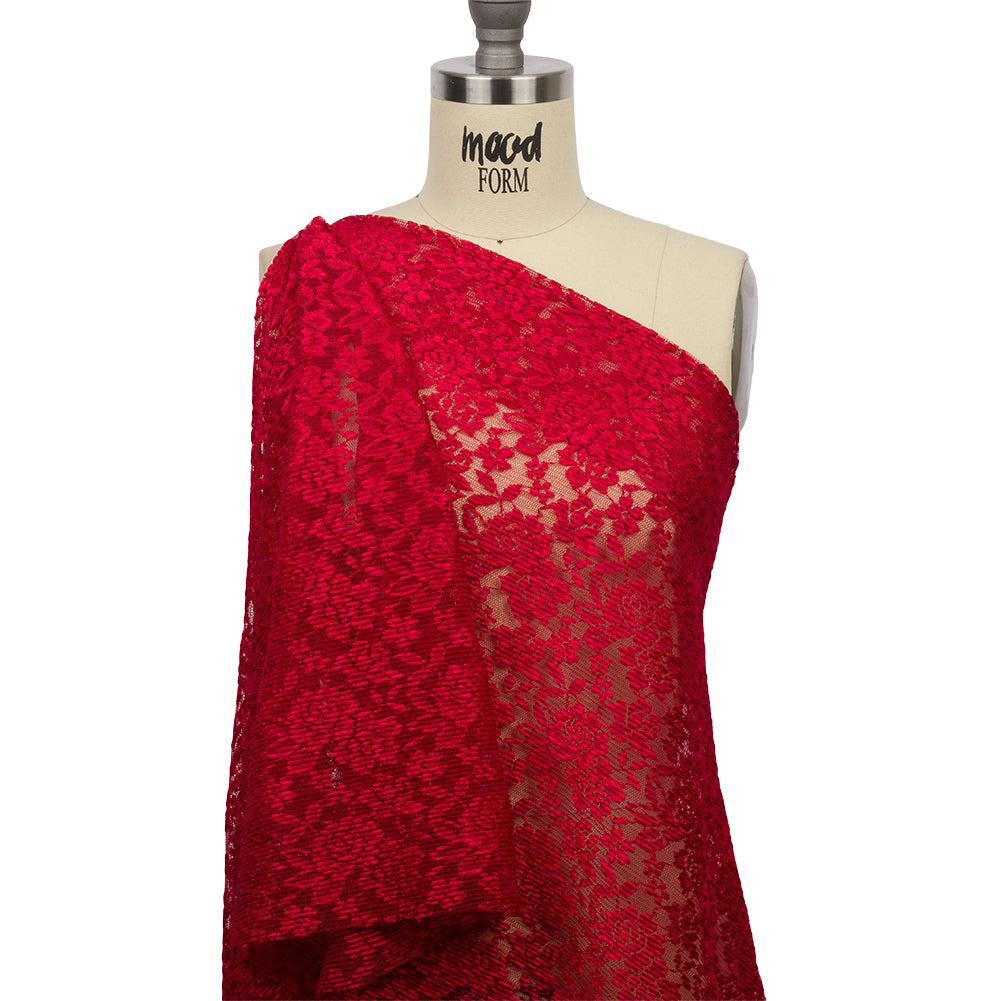 Red Floral Pleated Embroidered Lace with Scalloped Edges Drape