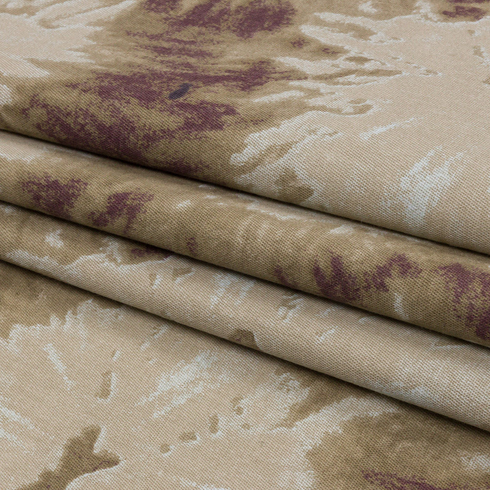 Beige, Taupe and Burgundy Tie Dye Stretch Cotton Canvas Folded