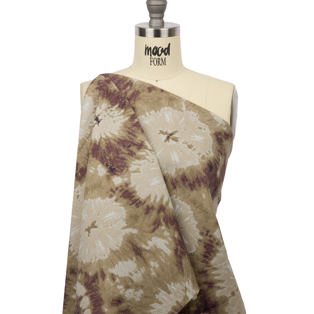 Beige, Taupe and Burgundy Tie Dye Stretch Cotton Canvas Drape