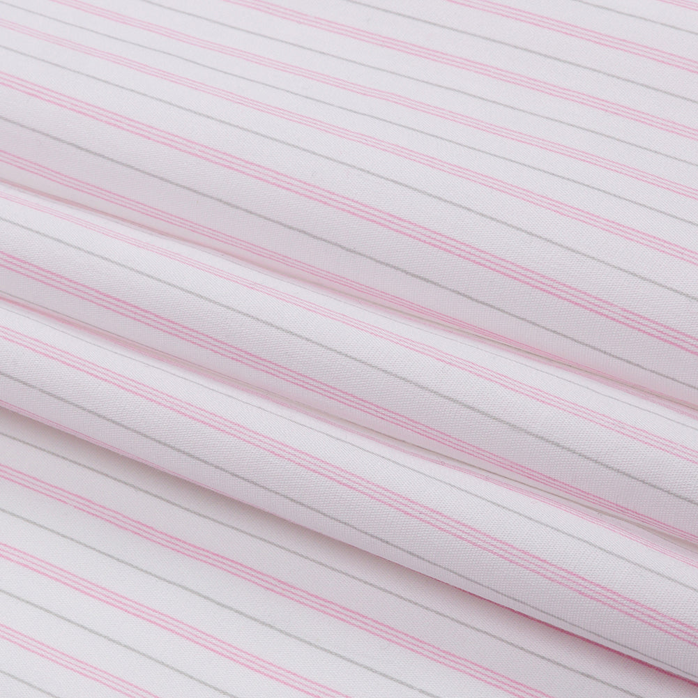 Pink, Gray and White Striped Stretch Cotton Shirting Folded