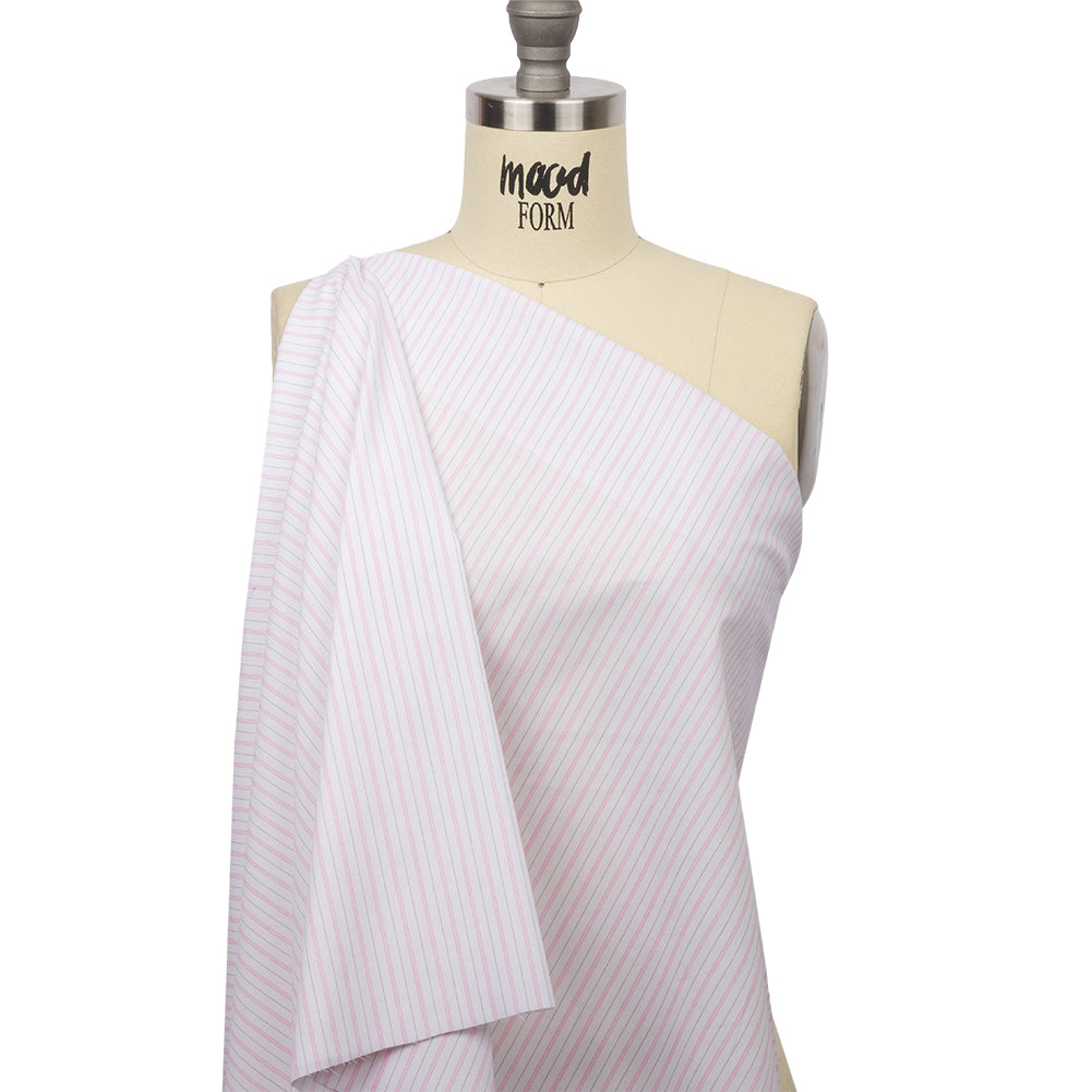 Pink, Gray and White Striped Stretch Cotton Shirting Drape