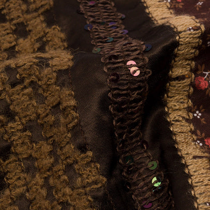 Brown, Beige and Red Wool Boucle Embroidered Polyester Satin with Sequins and Floral Applique Stripes Detail