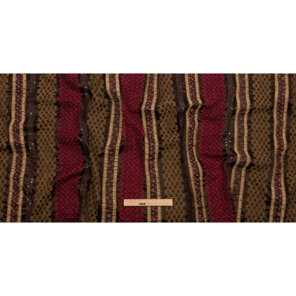 Brown, Beige and Red Wool Boucle Embroidered Polyester Satin with Sequins and Floral Applique Stripes Full