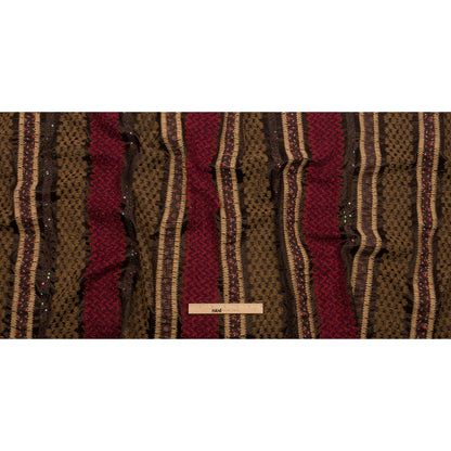 Brown, Beige and Red Wool Boucle Embroidered Polyester Satin with Sequins and Floral Applique Stripes Full