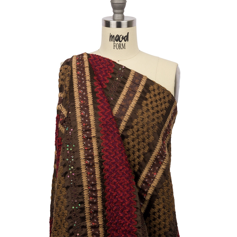 Brown, Beige and Red Wool Boucle Embroidered Polyester Satin with Sequins and Floral Applique Stripes Drape