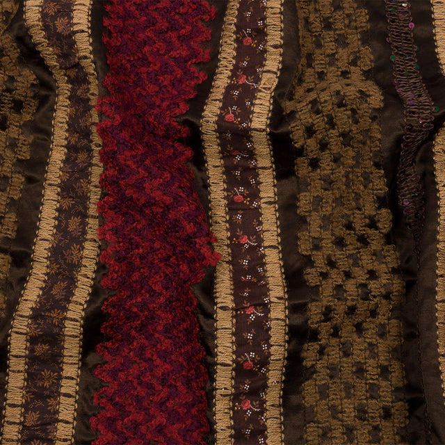 Brown, Beige and Red Wool Boucle Embroidered Polyester Satin with Sequins and Floral Applique Stripes