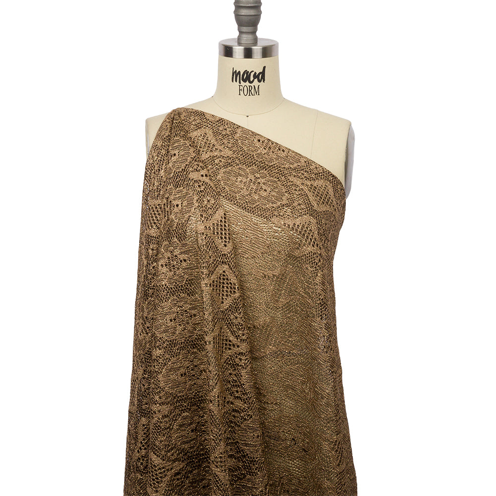 Bronze and Black Diamonds and Flowers Metallic Lace Panel with Fringe Drape