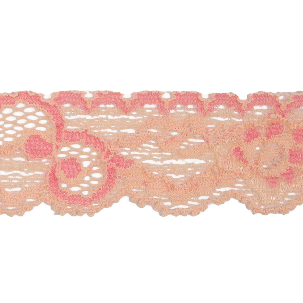 Famous NYC Designer Pale Peach and Pink Sweet Florals Scalloped Re-Embroidered Stretch Lace Trim - 1.125" Detail