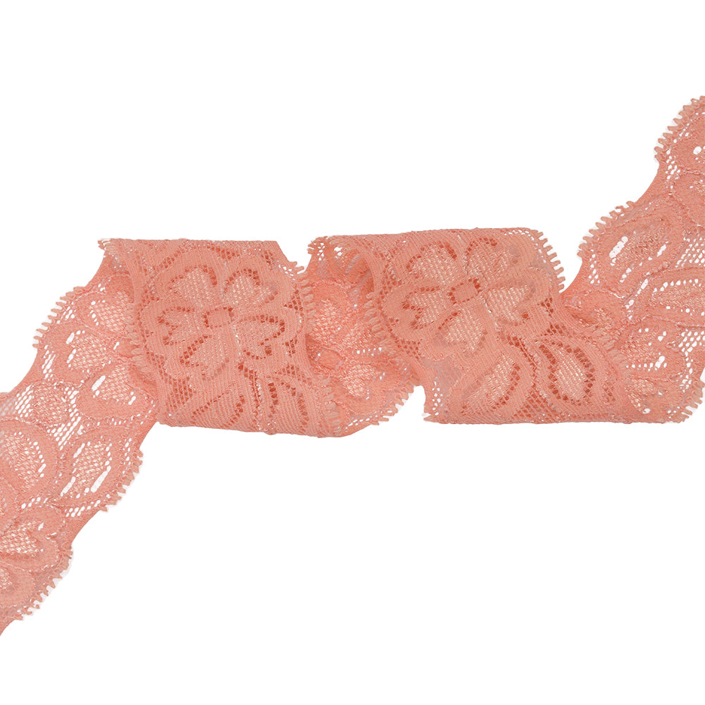 Famous NYC Designer Salmon Floral Stretch Re-Embroidered Lace Trim - 1.5"
