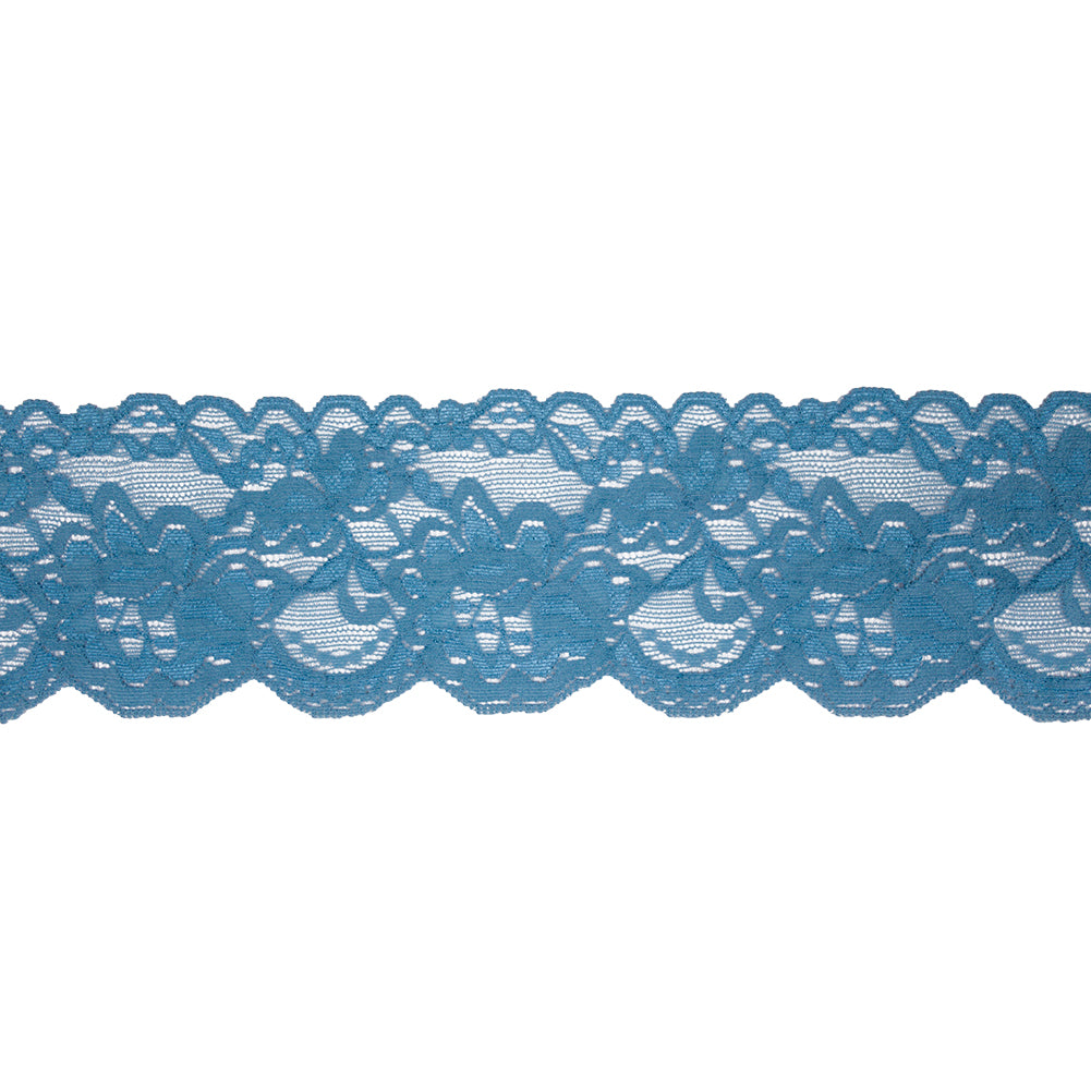 Famous NYC Designer Country Blue Floral Stretch Lace Trim with Scalloped Edges - 3.125"
