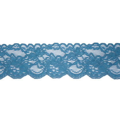 Famous NYC Designer Country Blue Floral Stretch Lace Trim with Scalloped Edges - 3.125"