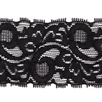 Famous NYC Designer Black Swirls and Leaves Stretch Lace Trim - 1.75" Detail