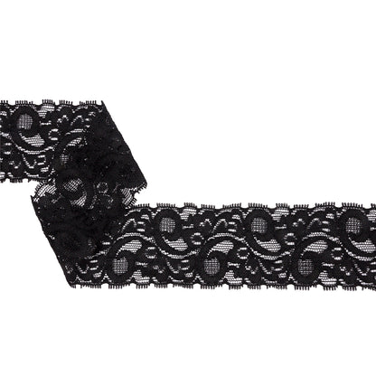 Famous NYC Designer Black Swirls and Leaves Stretch Lace Trim - 1.75"
