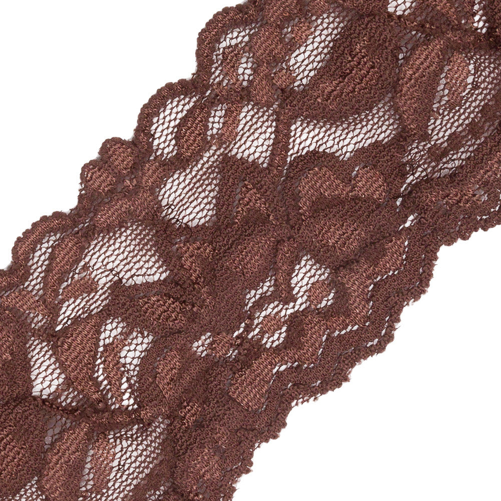 Famous NYC Designer Brown Two Tone Floral Vines Stretch Lace Trim with Scalloped Edges - 2" Detail