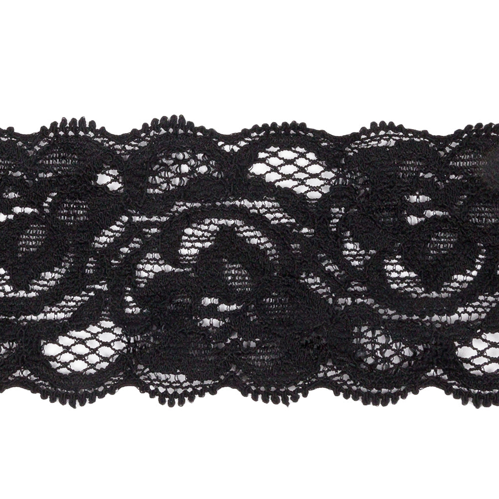 Famous NYC Designer Black Floral Stretch Lace Trim with Scalloped Edges - 1.625" Detail