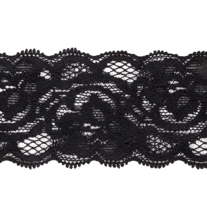 Famous NYC Designer Black Floral Stretch Lace Trim with Scalloped Edges - 1.625" Detail