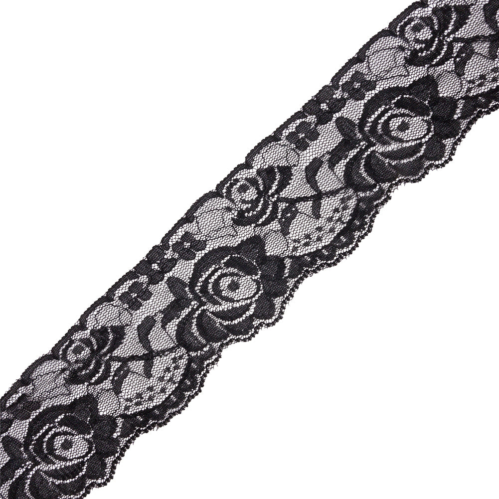 Famous NYC Designer Black Delicate Roses Stretch Lace Trim with Scalloped Edge - 2.25"