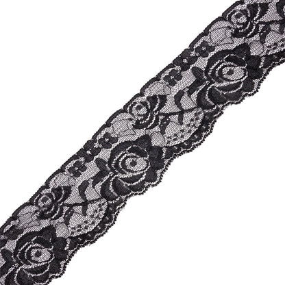 Famous NYC Designer Black Delicate Roses Stretch Lace Trim with Scalloped Edge - 2.25"