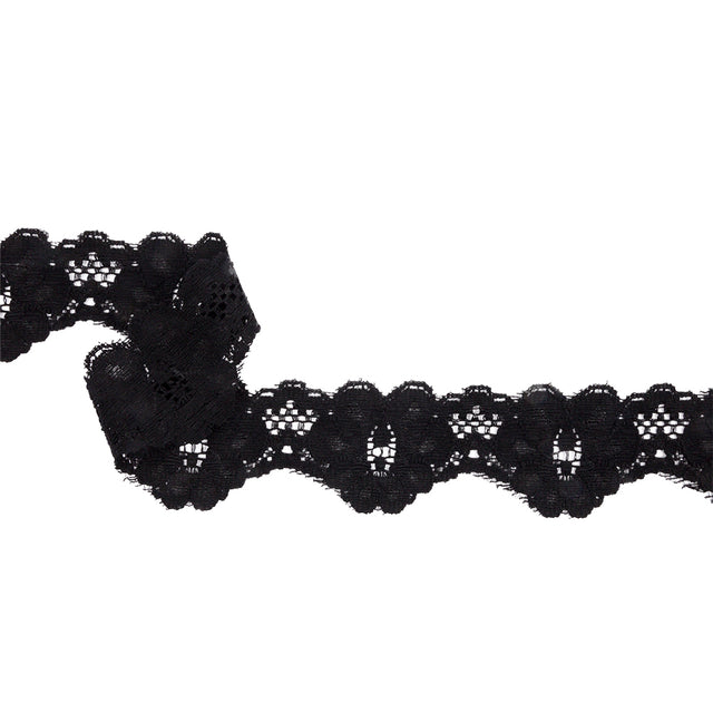 Famous NYC Designer Black Floral Scallops Stretch Re-Embroidered Lace Trim - 1.625"