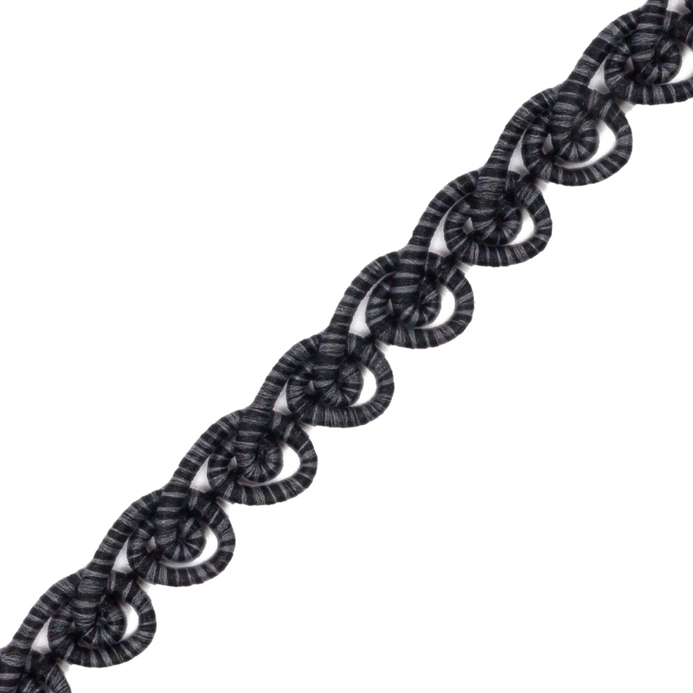 Famous NYC Designer Black and Gray Striped Swirls Gimp Braided Trim - 0.375" Detail