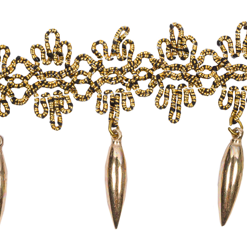 Metallic Gold Fancy Floral Gimp Braided Trim with Spikey Beaded Fringe - 2.25" Detail