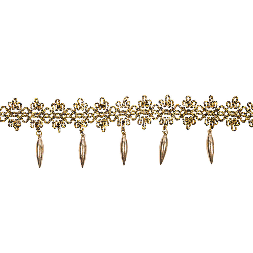 Metallic Gold Fancy Floral Gimp Braided Trim with Spikey Beaded Fringe - 2.25"