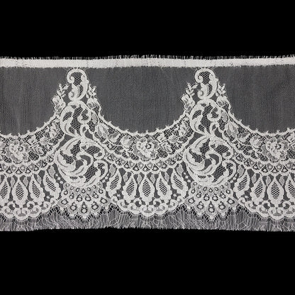 Ivory Flowers and Leaves Scalloped Motif Lace Trim - 10.5"