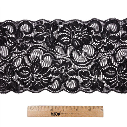Black Floral Stretch Lace with Scalloped Edges - 6" Full