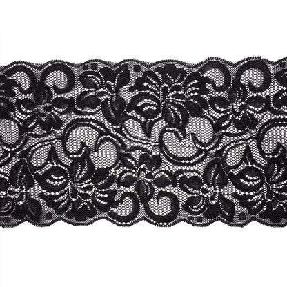 Black Floral Stretch Lace with Scalloped Edges - 6"