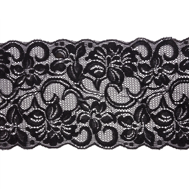 Black Floral Stretch Lace with Scalloped Edges - 6"