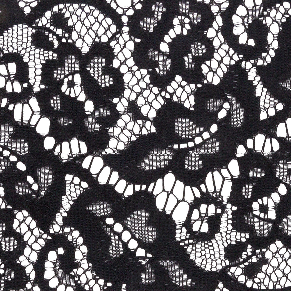 Black Floral Scrolls Lace Trim with Eyelash Fringe Edges - 3.5" Detail
