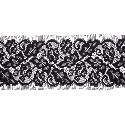 Black Floral Scrolls Lace Trim with Eyelash Fringe Edges - 3.5"